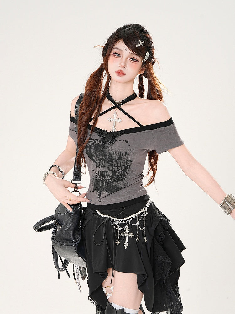 Off-the-shoulder Neckline Butterfly Applique Red/White/Gray Halter Neck T-shirt