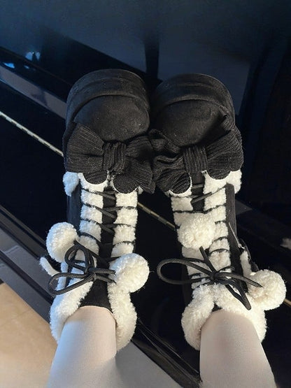 Heart Decor, Lace-up Closure & Bowknot Details Black 8.5cm Platform Boots in Sweet Lolita