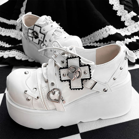 Punk Skull Polished White Gothic Platforms Silver-tone Spike Studs