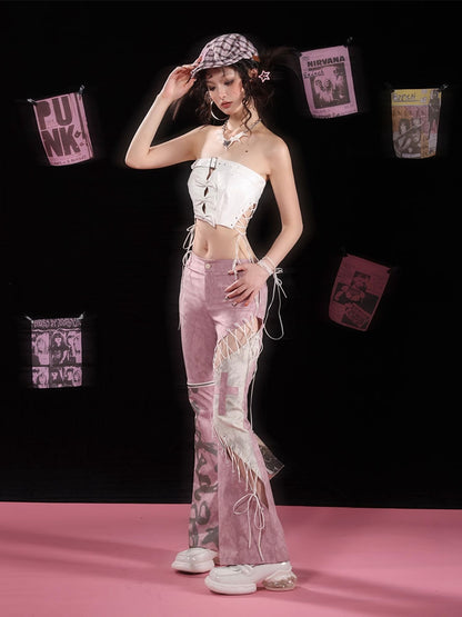 Lace-up Detail Dusty Pink Asymmetrical Flared Pants