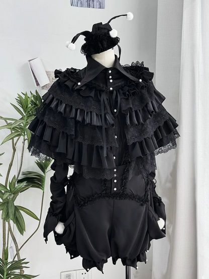 Circus Clown Vibes Ouji Lolita Outfit - Black Pointed Collar Shirt + Bloomer Shorts + Garters
