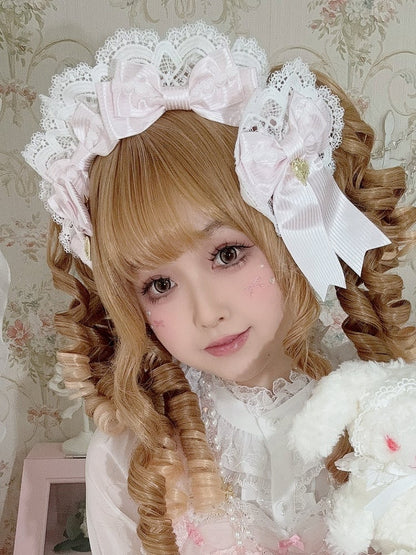 Pink Heart Charm Lace Detail Striped Pattern Bowknot Hairclip