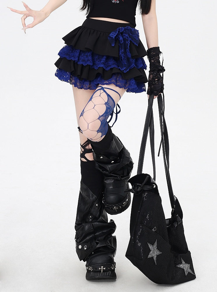 Y2K Contrast Blue Lace Trim Black Elastic Waist Tiered Skirt