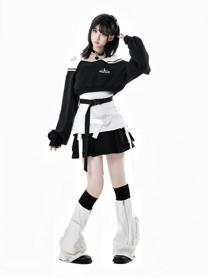 Wasteland Punk Black V-Neck Futuristic Techwear Cropped Sweatshirt