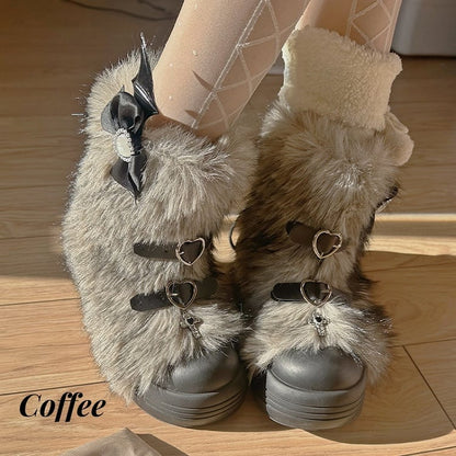 Black/Coffee/Pink/White Heart-shaped Buckle Bow Shaggy Boots