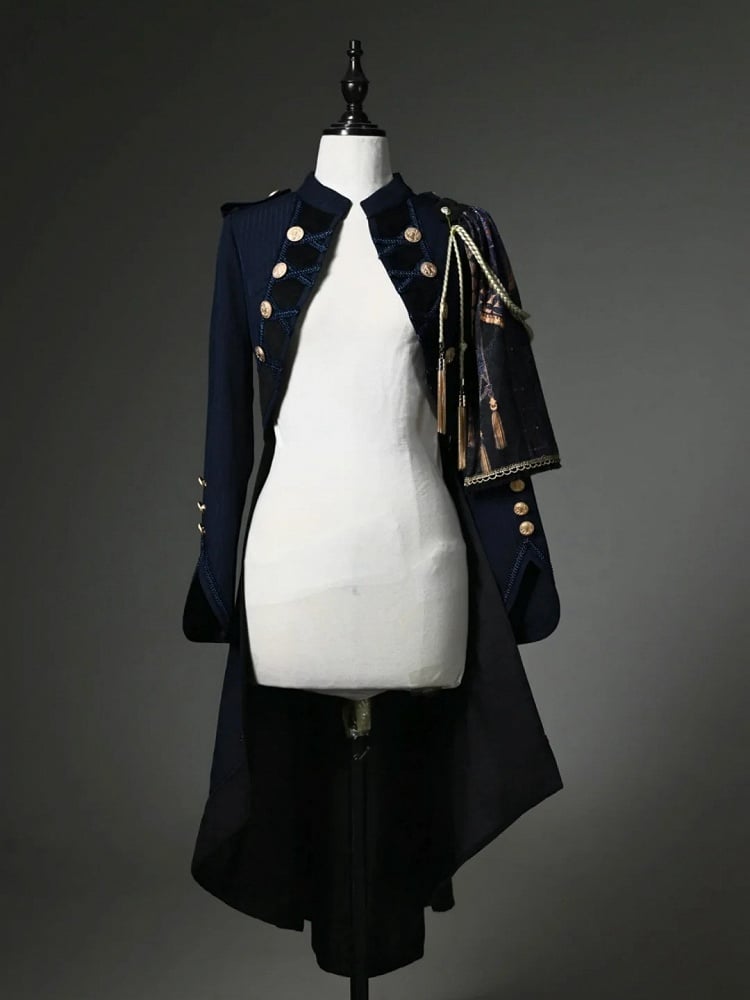 Dark Blue Detachable One-shoulder Cape Knight Tailcoat