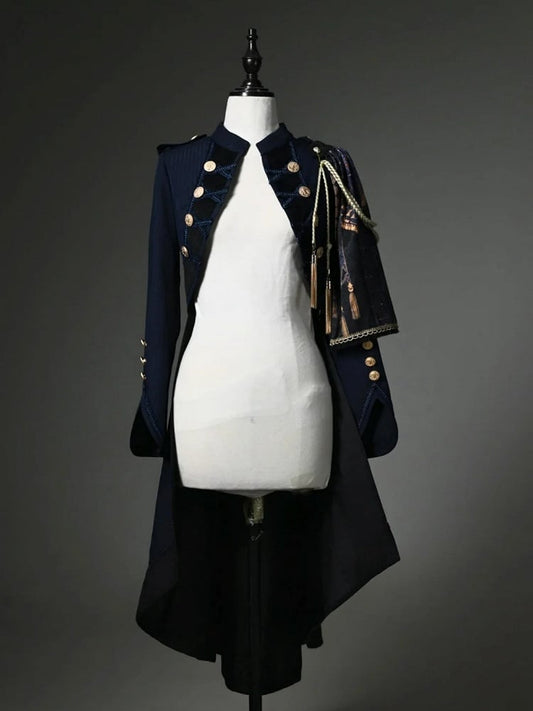 Dark Blue Detachable One-shoulder Cape Knight Tailcoat