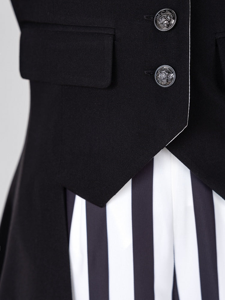 Ouji Fashion Clown Vibes White Striped Lapel Collar Black Tailcoat Halloween Outfit