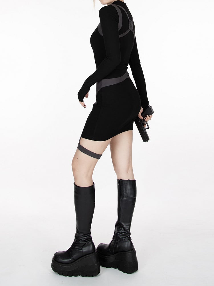 Cyberpunk Futuristic Black & Gray Buckle Strap Dress Waist Belt and Harness All-in-one with Garter