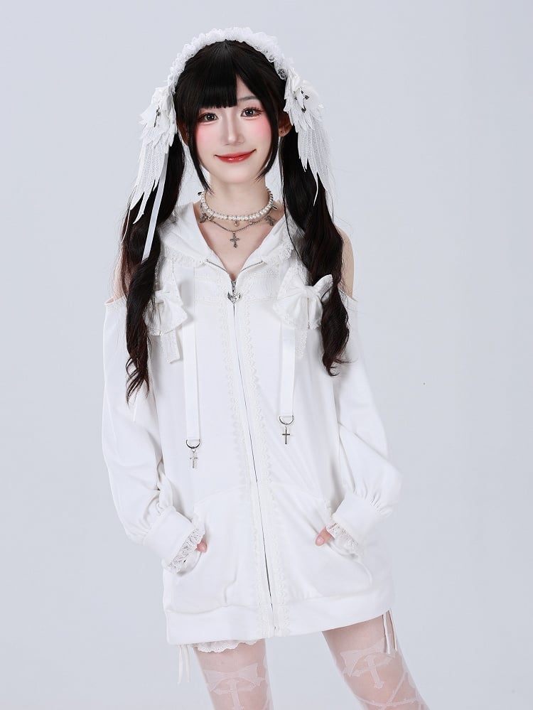 Gothic Charm Jirai Kei Hoodie with Lace and Cross Details