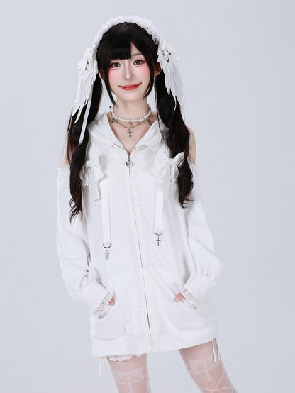 Gothic Charm Jirai Kei Hoodie with Lace and Cross Details