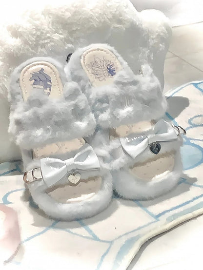 Light Blue Jirai Kei Plush Slippers: Embroidered Cat Design with Platform Sole & Top Bow