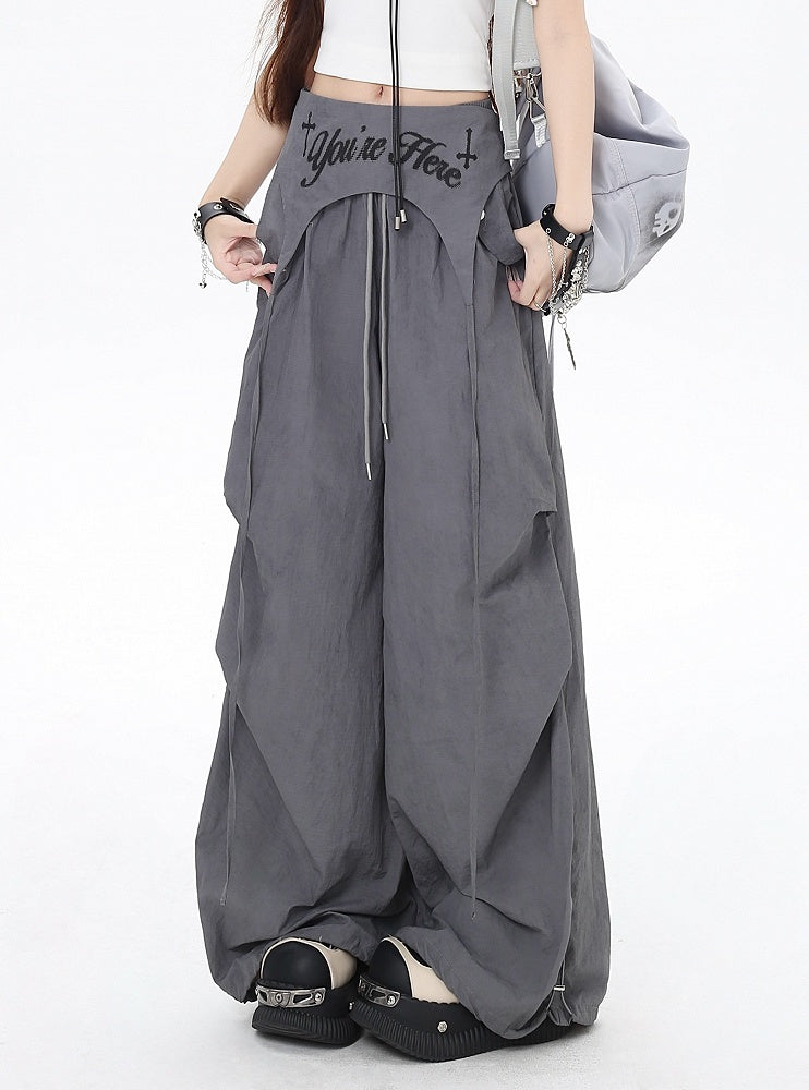 Gray Drawstring Waist Wasteland Punk Pants with Asymmetrical Waist Accessory