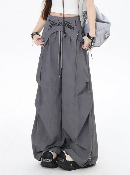 Gray Drawstring Waist Wasteland Punk Pants with Asymmetrical Waist Accessory