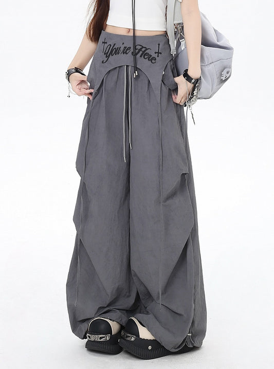 Gray Drawstring Waist Wasteland Punk Pants with Asymmetrical Waist Accessory