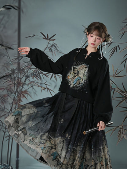Cheongsam Style Butterfly Print Black Horse-Face Pleated Skirt Long/Short Version