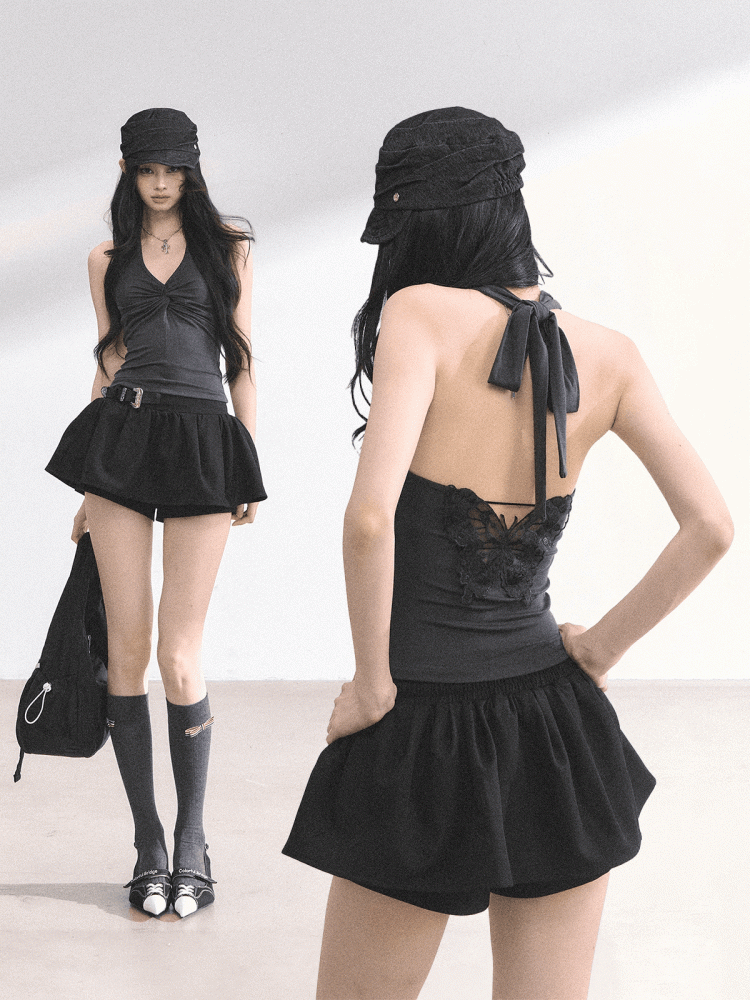 Twist Detail Neckline Lace Butterfly Applique White/Gray/Blue Backless Halter Top