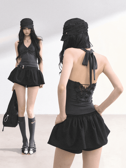 Twist Detail Neckline Lace Butterfly Applique White/Gray/Blue Backless Halter Top