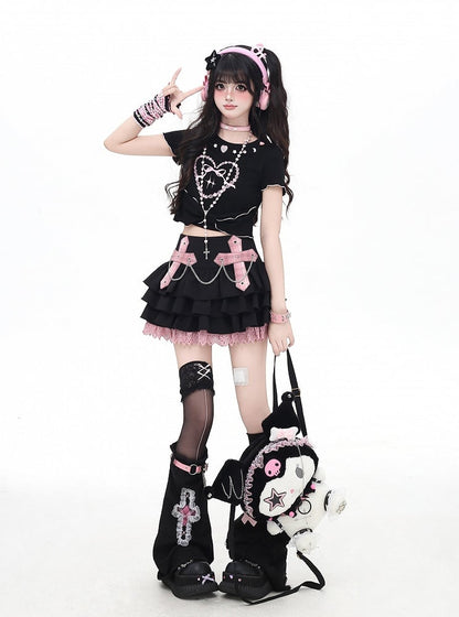 Cute Buttons Neckline Big Bow Hem Sweetheart Print White/Black T-shirt