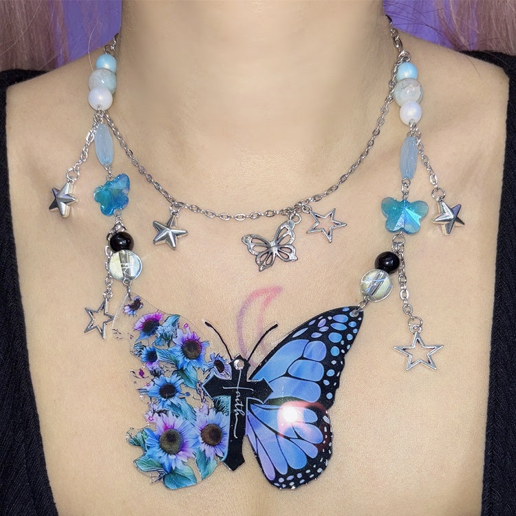 Blue Y2K Cross Decorated Butterfly Pendant Necklace