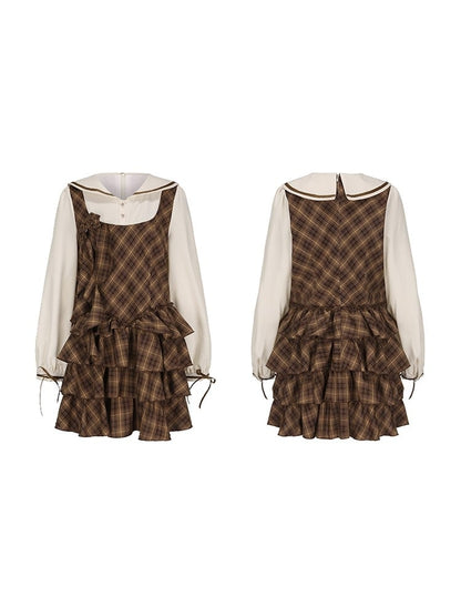 Plus Size Preppy Tiered Brown Plaid Dress with Sailor Collar & Detachable Roses