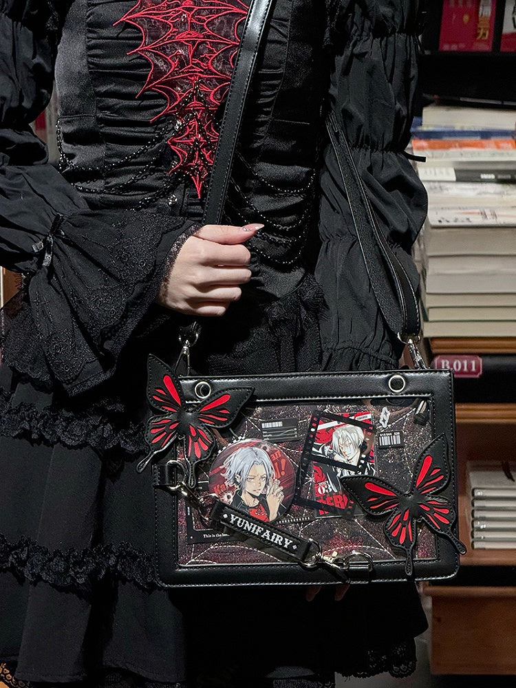 Red Ita Shoulder Bag with Gold Butterfly and Spiderweb Details – Small Capacity