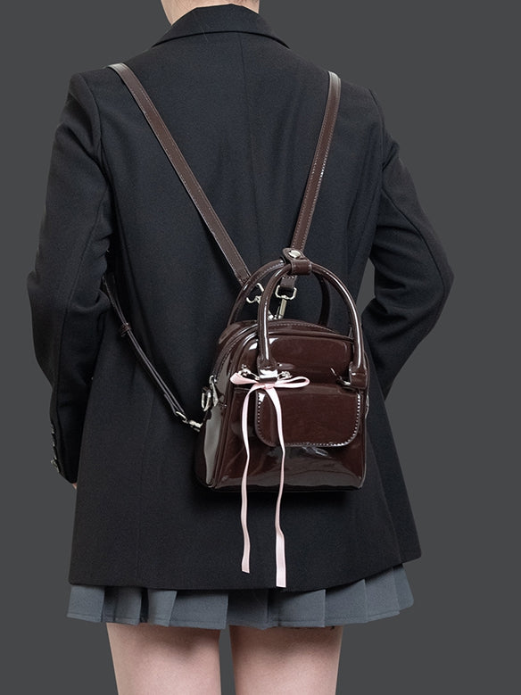 Kawaii 3-Way Glossy Chocolate Brown Backpack With Ribbon Bow