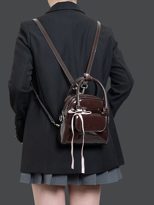 Kawaii 3-Way Glossy Chocolate Brown Backpack With Ribbon Bow