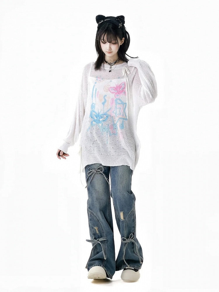 Light Blue Faded Wash Distressed Holes Bow Accents Flared Jeans