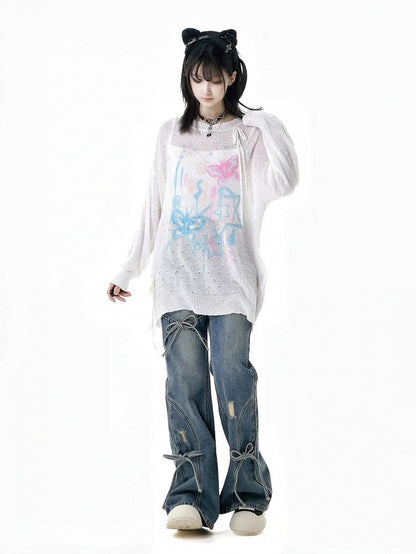 Light Blue Faded Wash Distressed Holes Bow Accents Flared Jeans