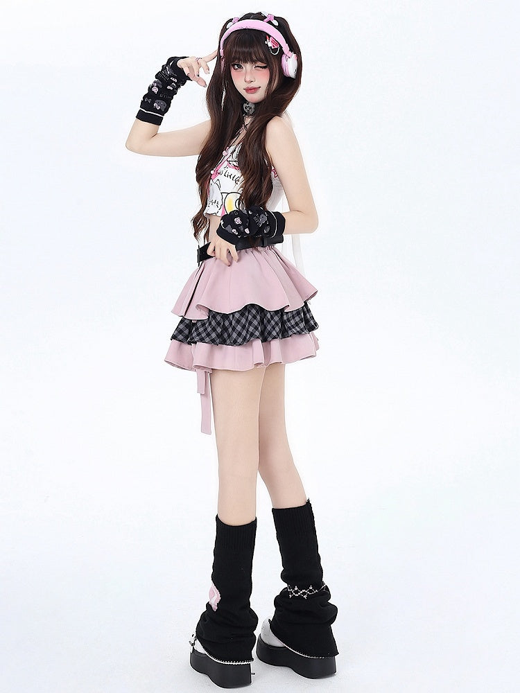 Pink Sweet Tiered Skirt with Free Waist Belt