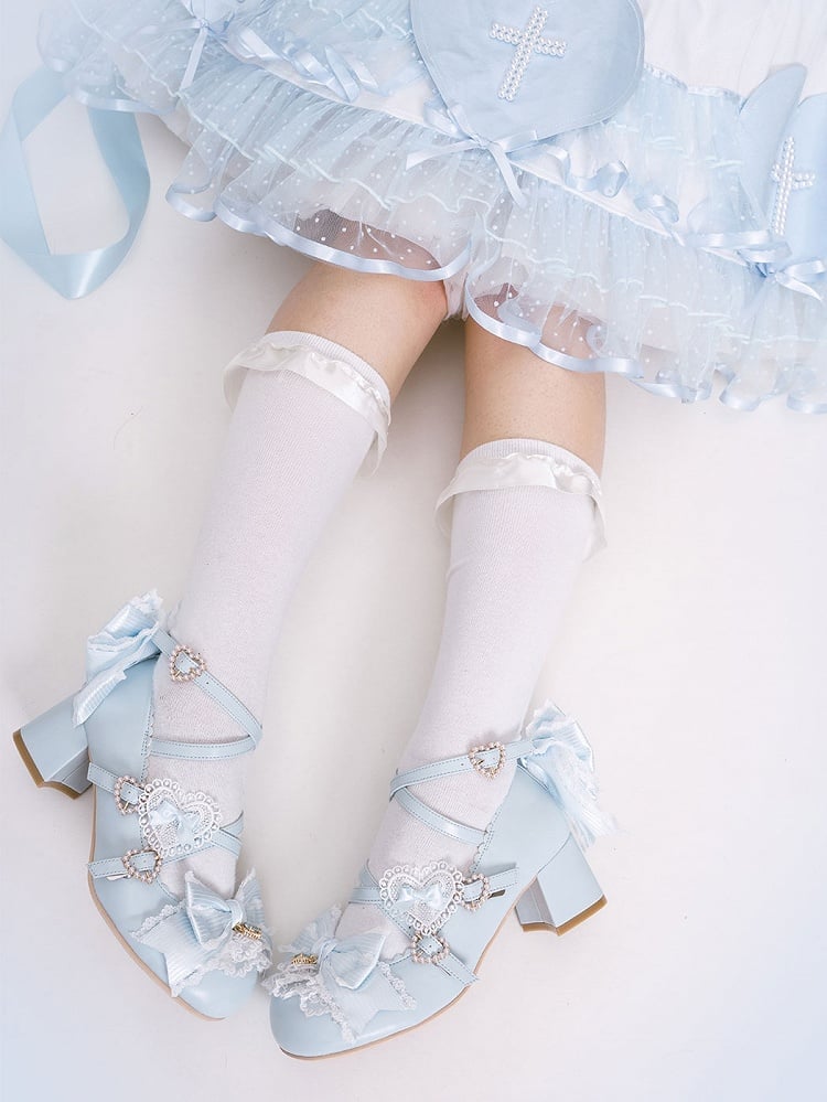 Blue Sweet Lolita Bowknot Details Crisscross Design Heart Buckle Straps 5CM Block Heels Shoes