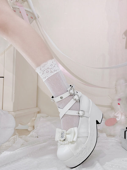 Jirai Kei Matte White Beaded And Rhinestone Decorated Bow at Top Platform High Block Heels