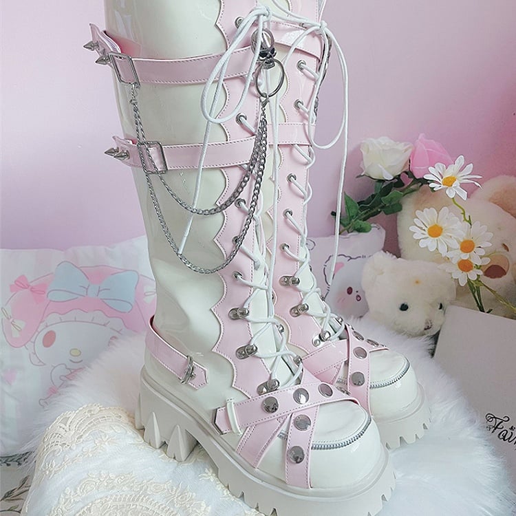 White and Pink Knee-high Punk Fashion Chunky Boots Studs and Skulls Details