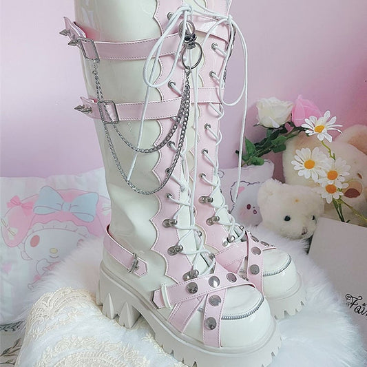 White and Pink Knee-high Punk Fashion Chunky Boots Studs and Skulls Details