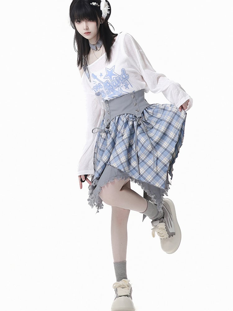 Frayed Handkerchief Hem Blue & White /Black & White Plaid Skirt