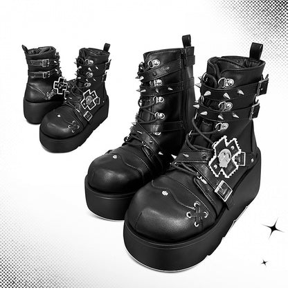 Metal Skull Matte Black Punk Wedge Platform Boots Spike Stud Detailing