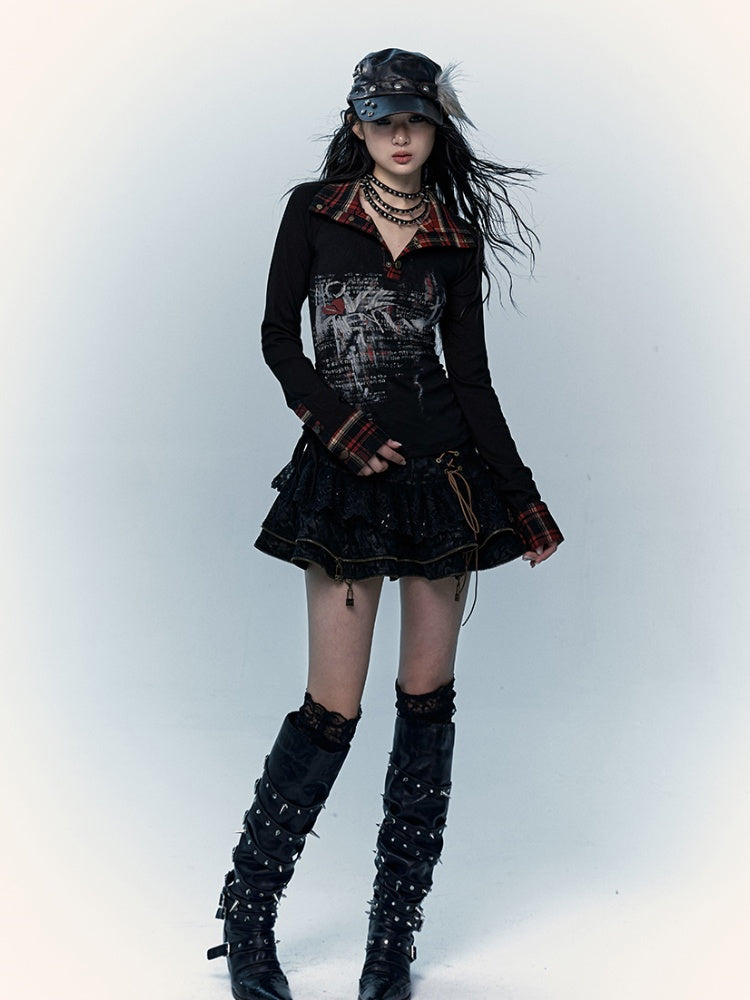 Black  Lace-up Details Lace Trim Tiered Skirt