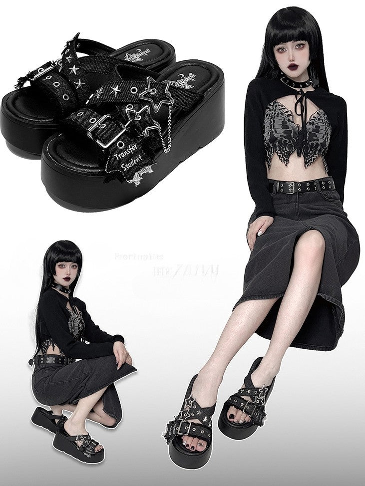 Star-shaped Buckles and Studs Black Denim Punk Platform Slippers