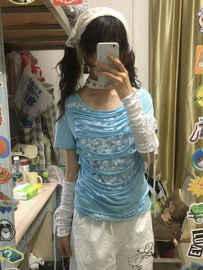 Light Blue Double-layer Skeleton Print Hollowed-out Punk T-shirt