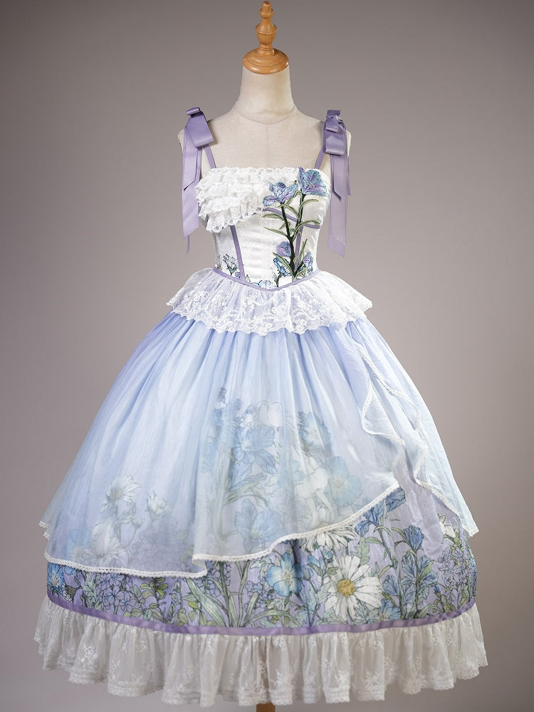 Plus Sizes Available Floral Print Bowknot Straps Dress Elegant Classic Lolita Jumper Skirt