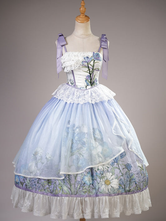 Plus Sizes Available Floral Print Bowknot Straps Dress Elegant Classic Lolita Jumper Skirt