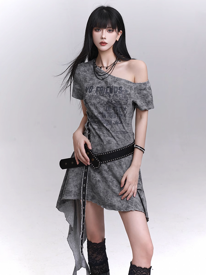 Asymmetrical Neckline Cascading Ruffles Gray/Black Tie Dye Dress with Waist Belt