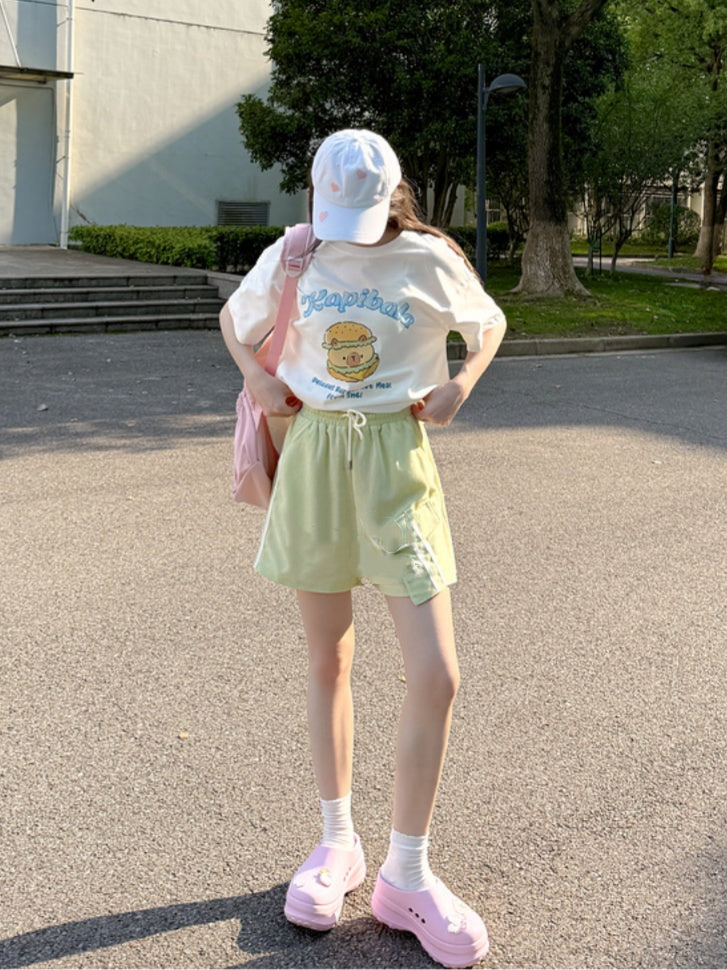 Green Drawstring Waist Casual Sports Shorts