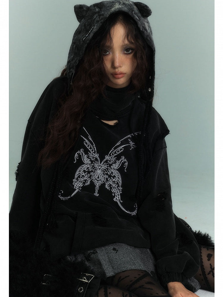 Butterfly Embroidery Black Distressed Holes Punk Hoodie