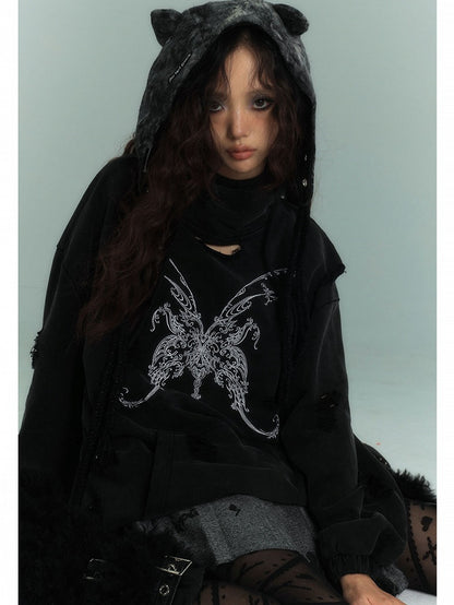 Butterfly Embroidery Black Distressed Holes Punk Hoodie