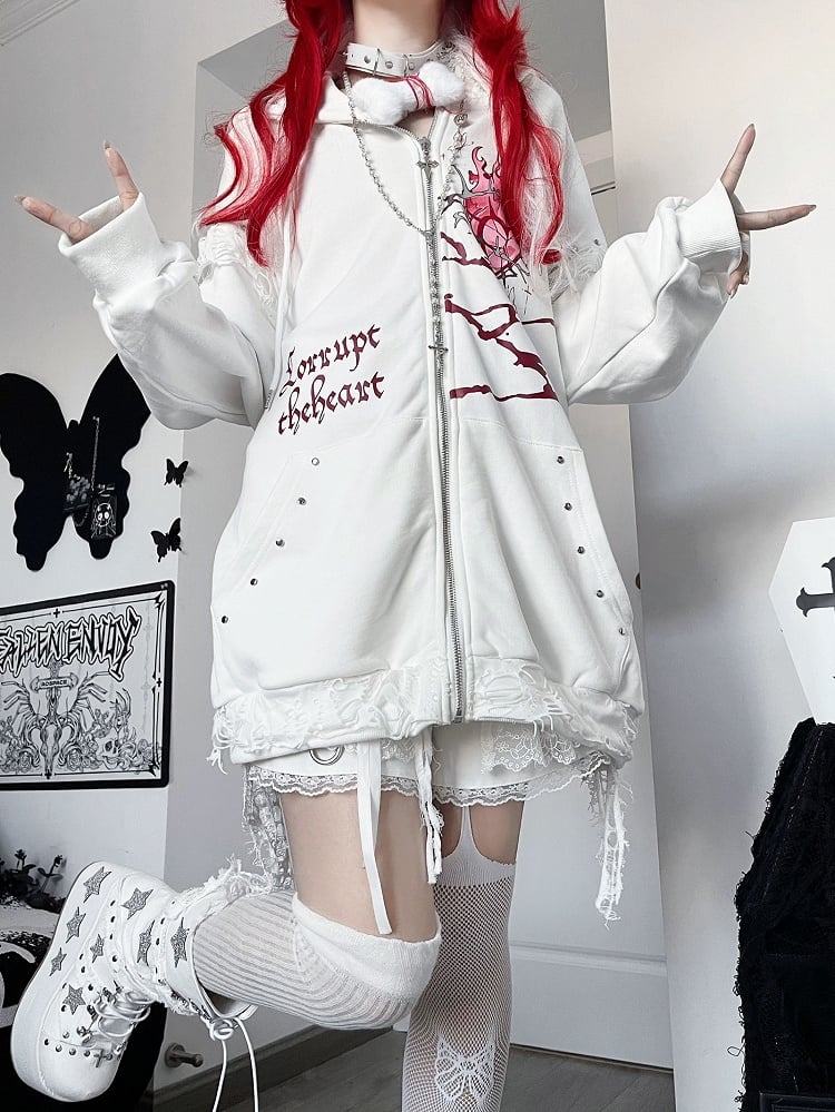 White Guro Kawaii Heart And Letter Print Studs Decorated Cat Ear Zip-up Hoodie