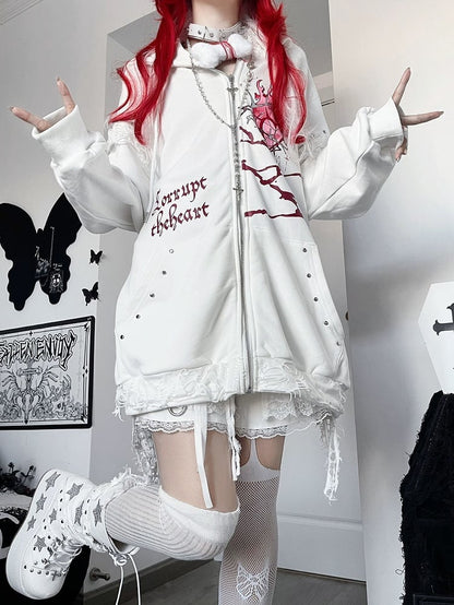 White Guro Kawaii Heart And Letter Print Studs Decorated Cat Ear Zip-up Hoodie