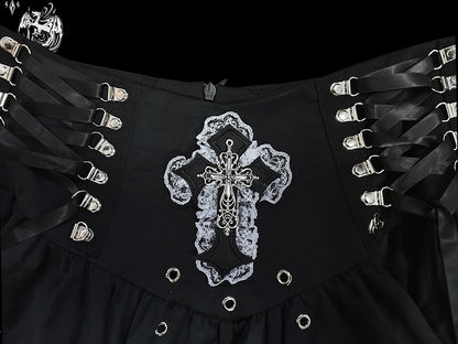 Gothic Punk Black Metal Cross Adorned Studs Design Lace-up Detail Skirt