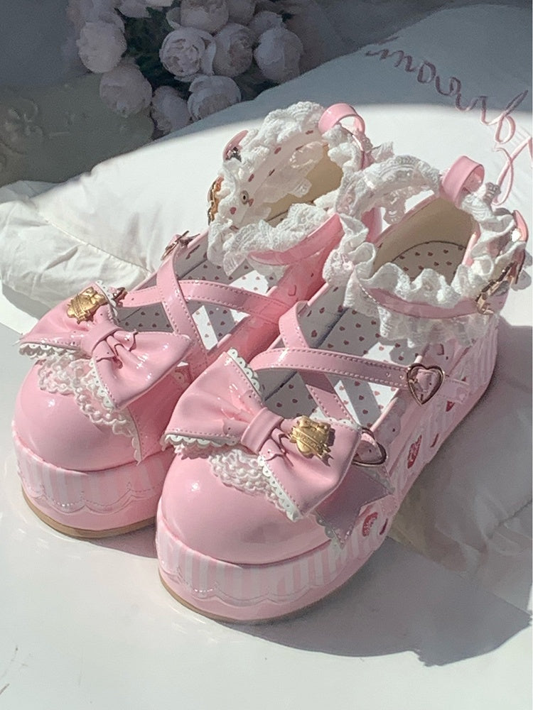 Platform Pink Mary Janes in PU - Berry Details, Lace Trim & Heart Buckles